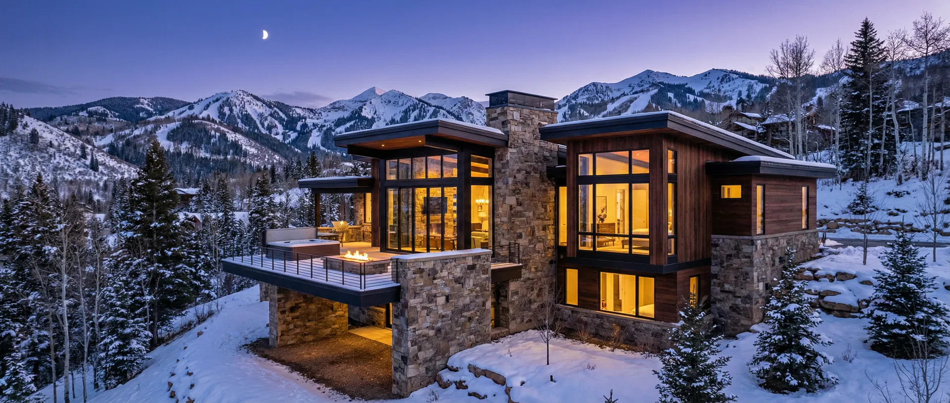 Luxury mountain home at twilight — Three Peak Construction service area