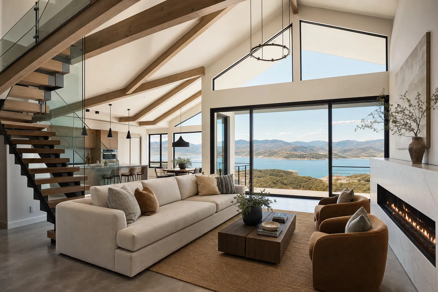 Finished luxury great room with mountain views