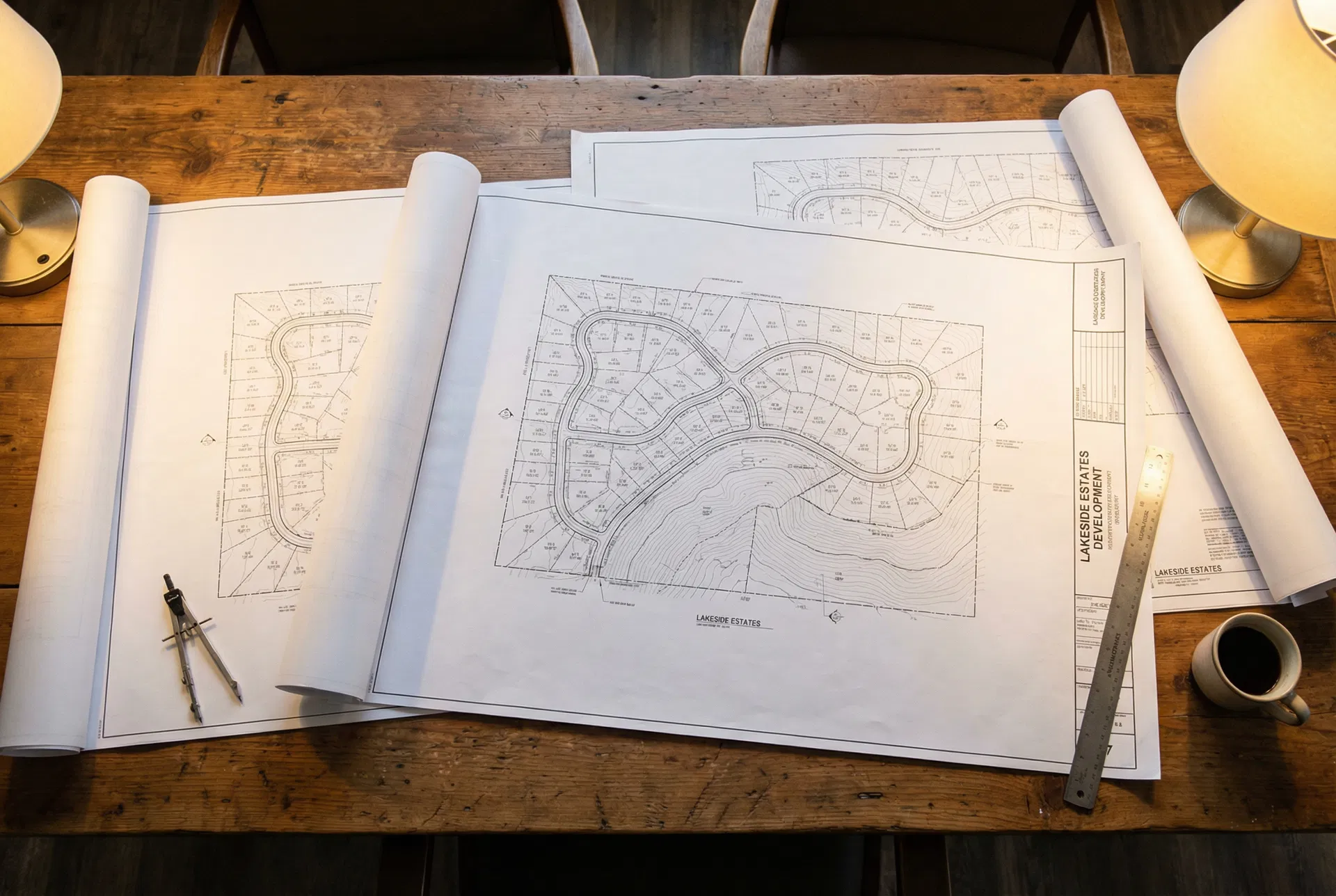 Land development planning blueprints spread across a drafting table