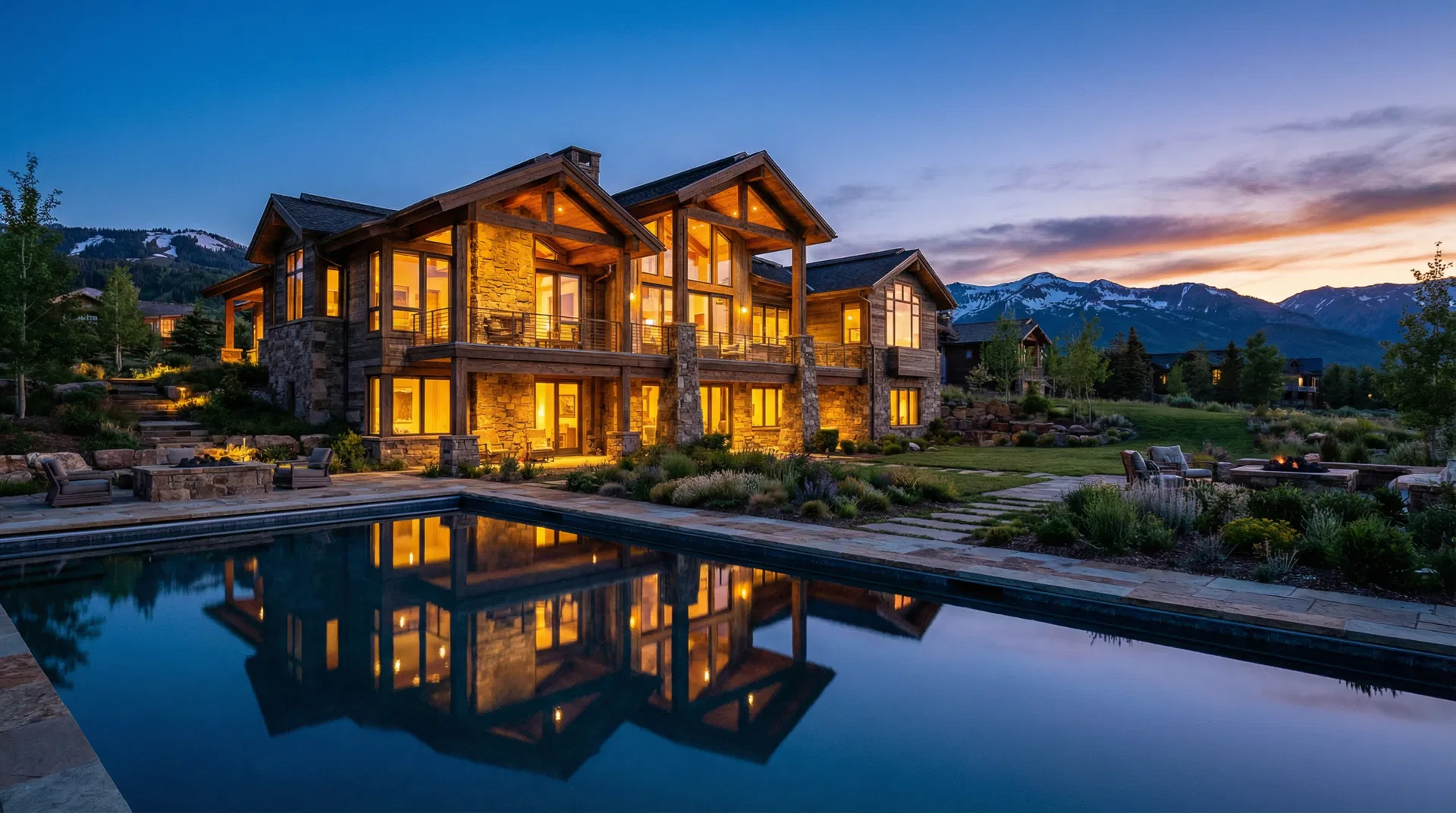 Mountain modern custom home at twilight in Park City, Utah