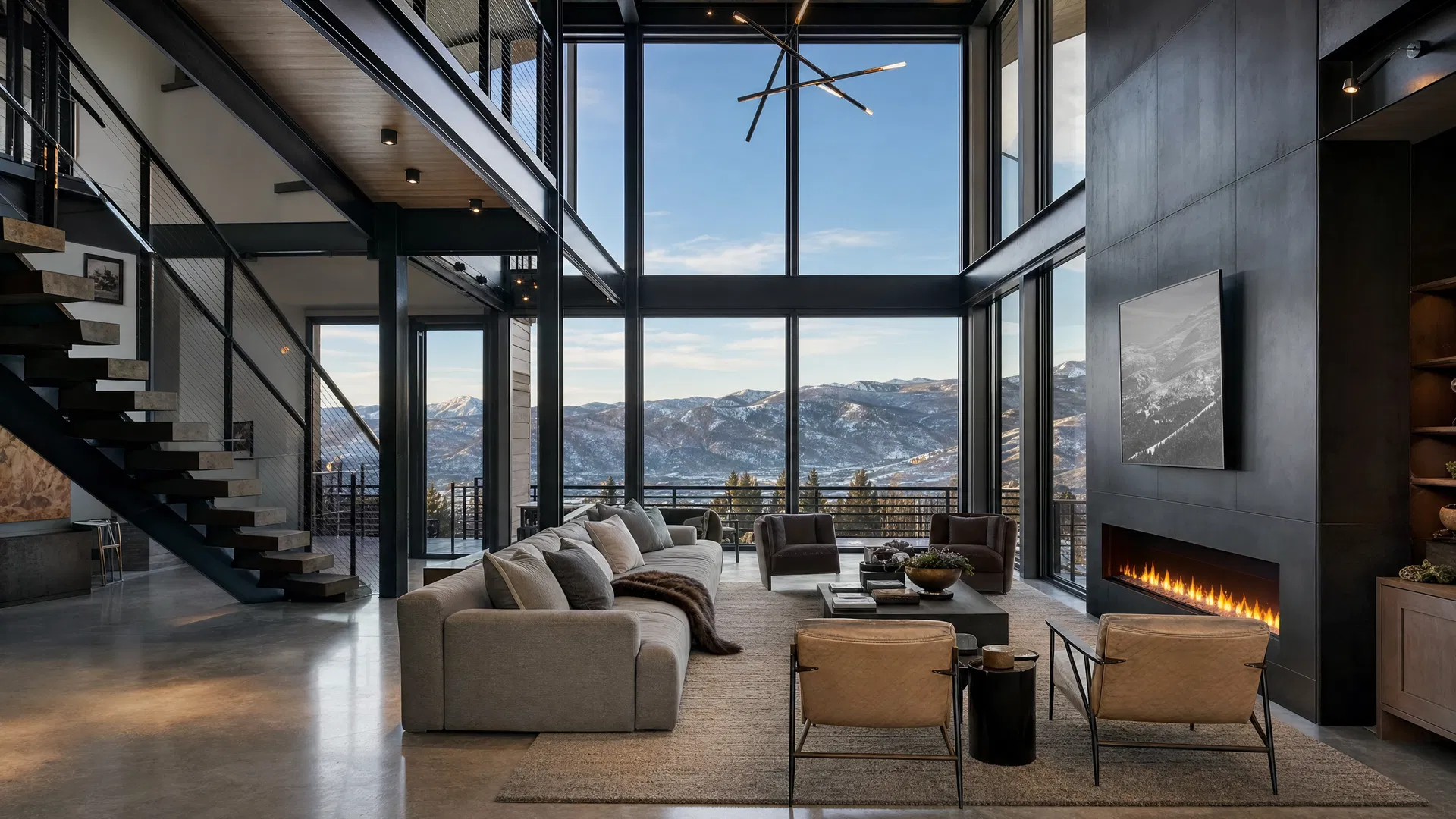 Finished luxury great room with mountain views