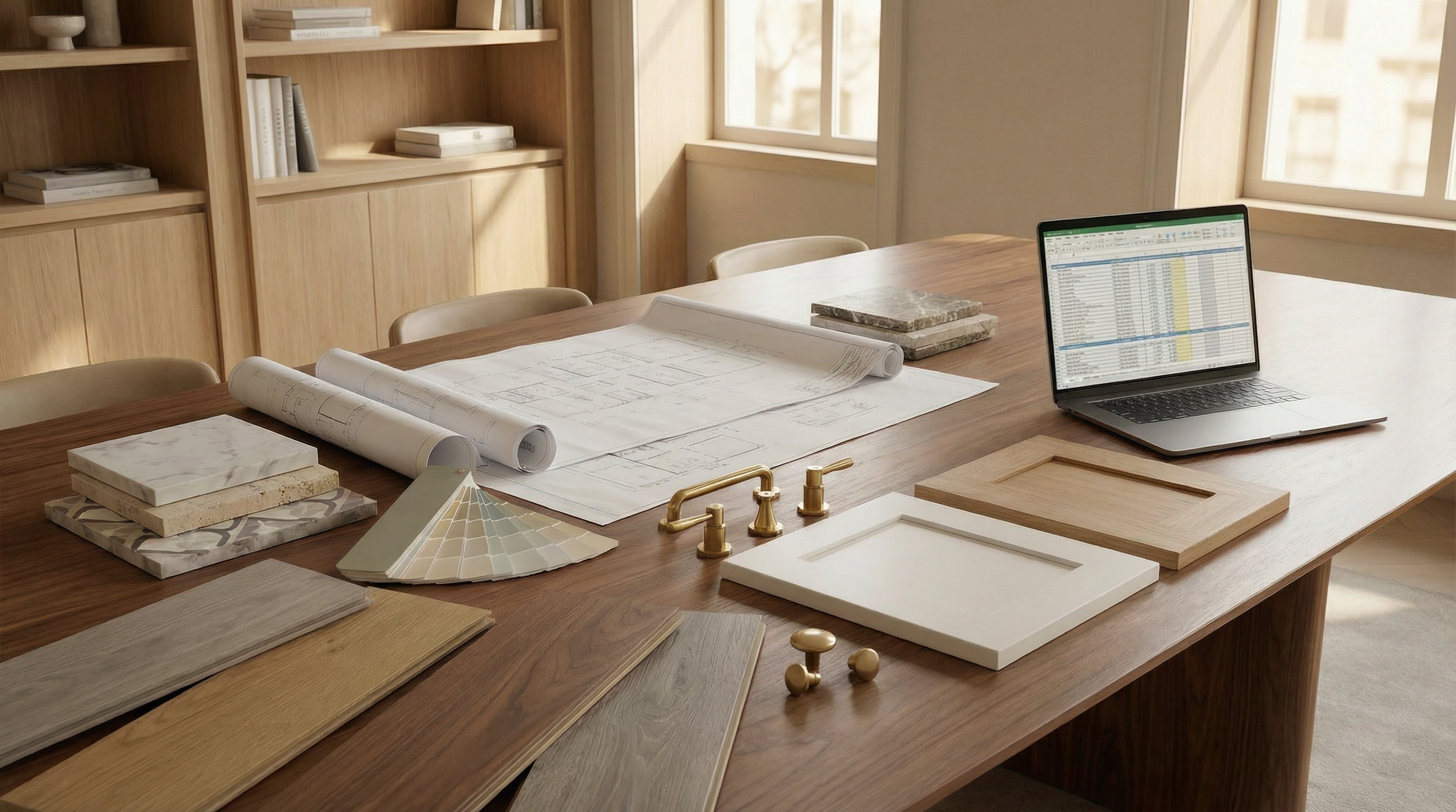 Design table with architectural plans and material samples