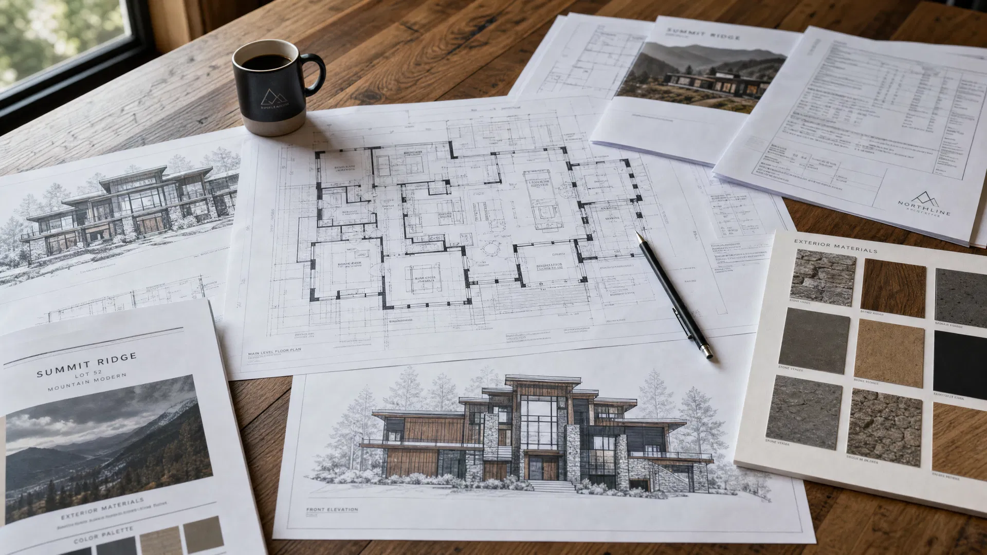 Architectural plans and material samples spread on a table