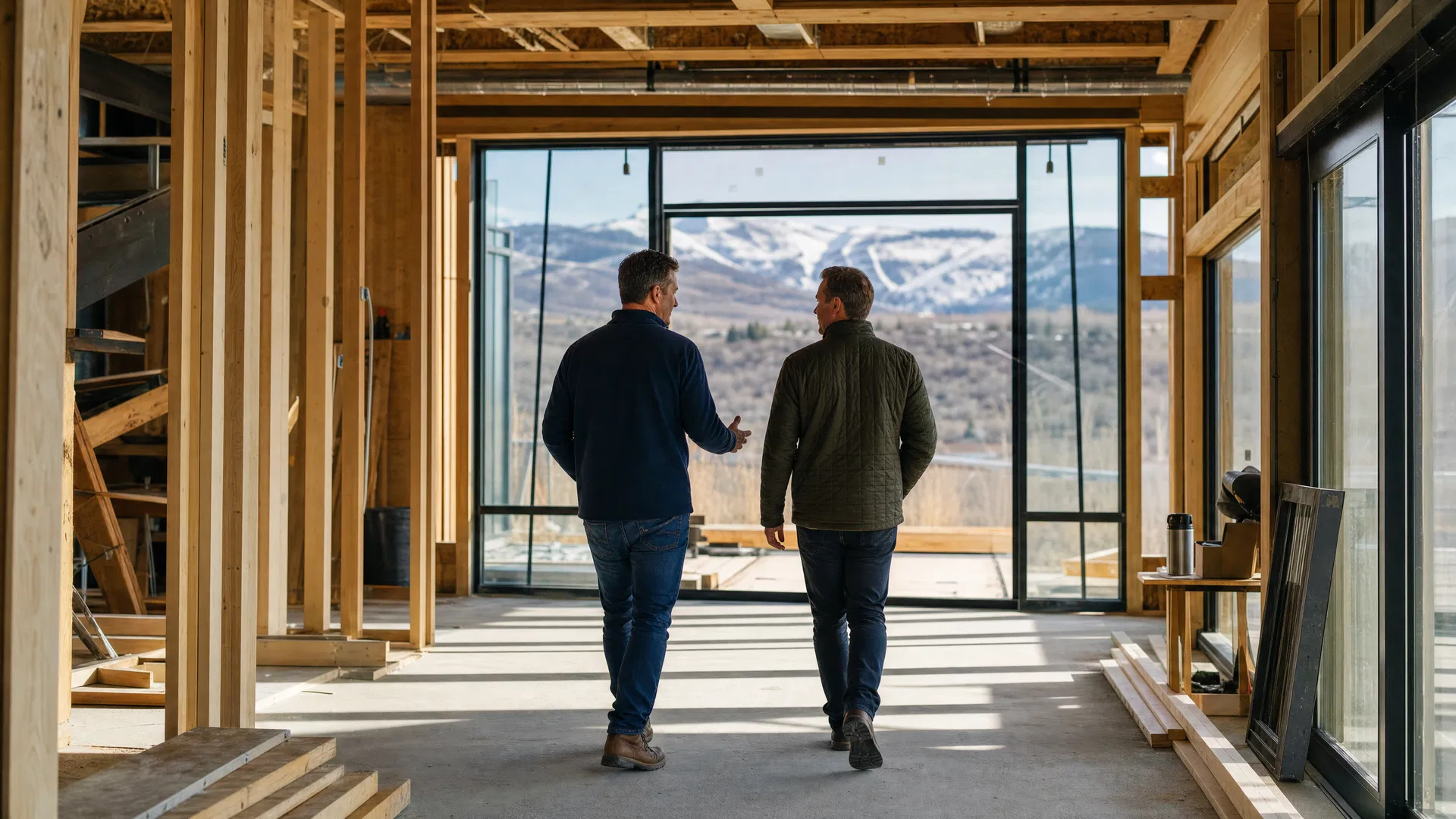 Contractor and homeowner walking through a luxury home under construction in Park City