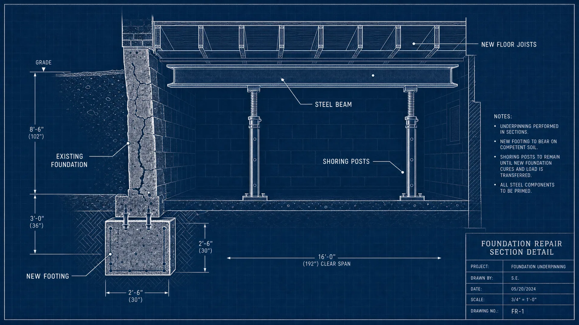 Structural engineering diagram showing foundation repair section detail — new footing, steel beam, shoring posts, and existing foundation with dimensions and load calculations