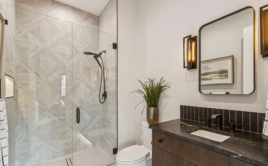 Guest bath with geometric tile and modern fixtures