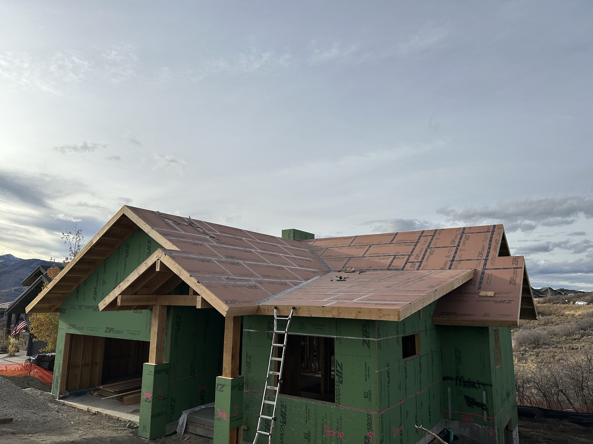 Full exterior view of the home during framing — ZIP System green sheathing on walls, ZIP-R roof panels, timber gable entry, ladder against the side, fall colors on the hillside
