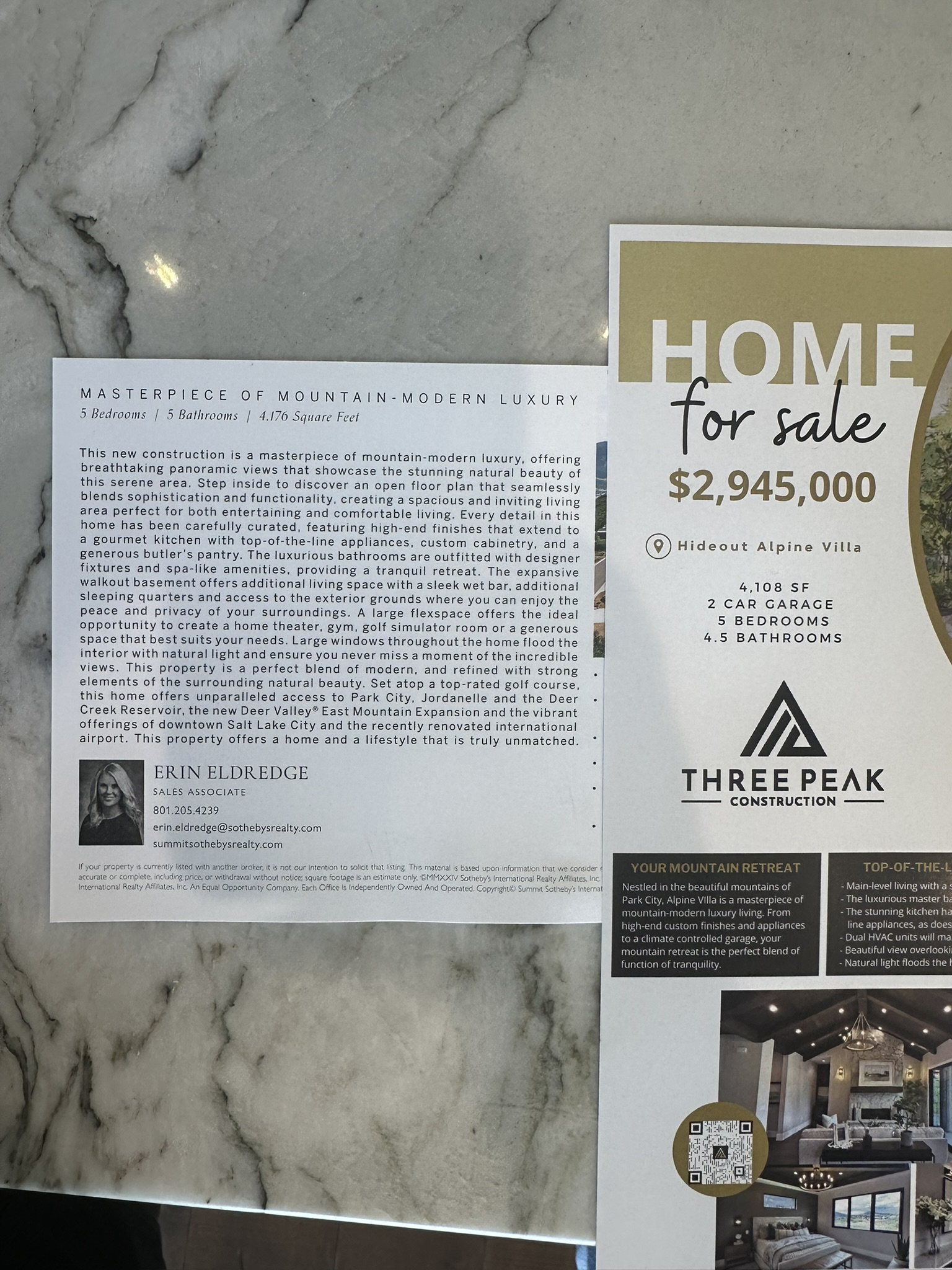 Alpine Villa at Hideout listing sheet — $2,945,000, 5 bedrooms, 5 bathrooms, 4,176 square feet, mountain modern custom home