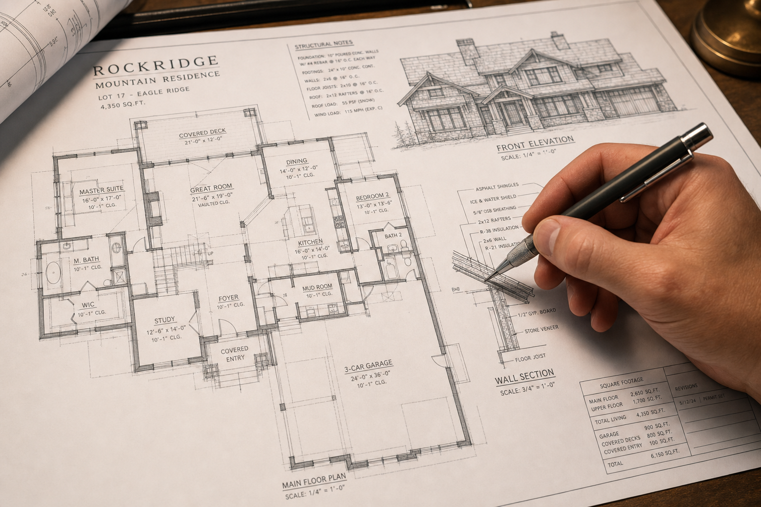 Detailed construction blueprint with architectural drawings