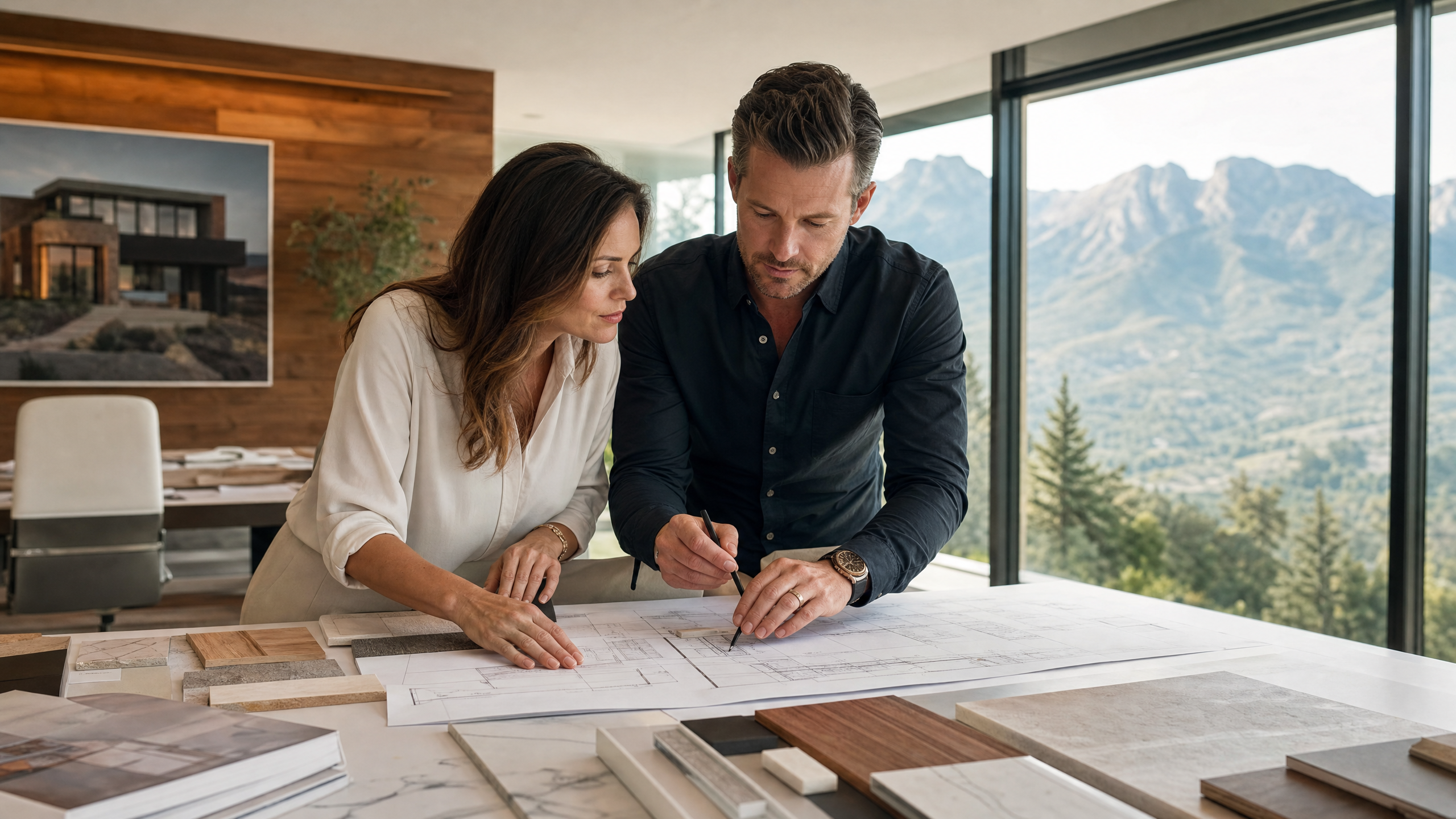 Architectural plans spread on a table with mountain view through window