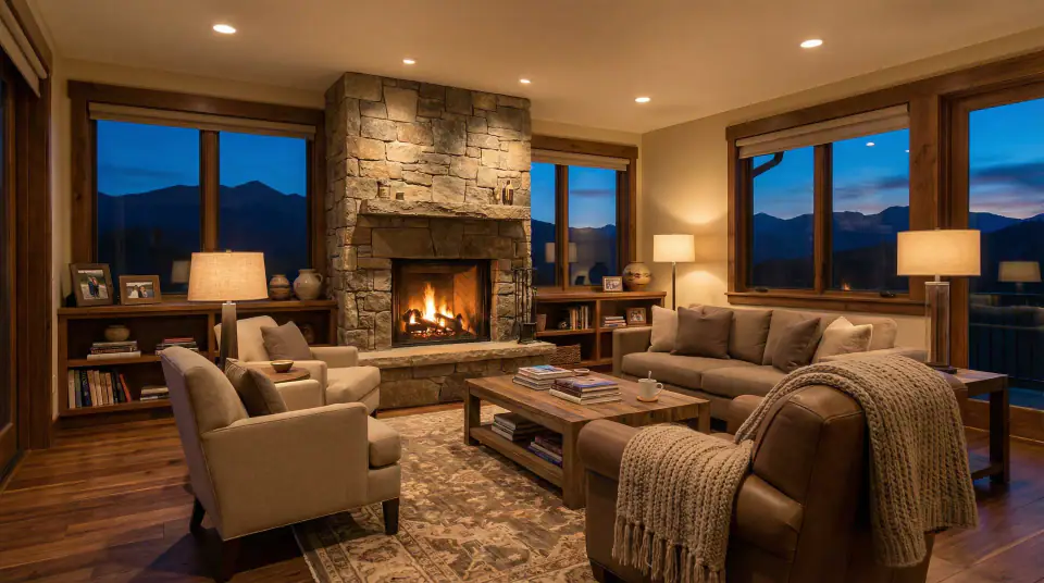 Finished living room with stone fireplace and evening mountain views
