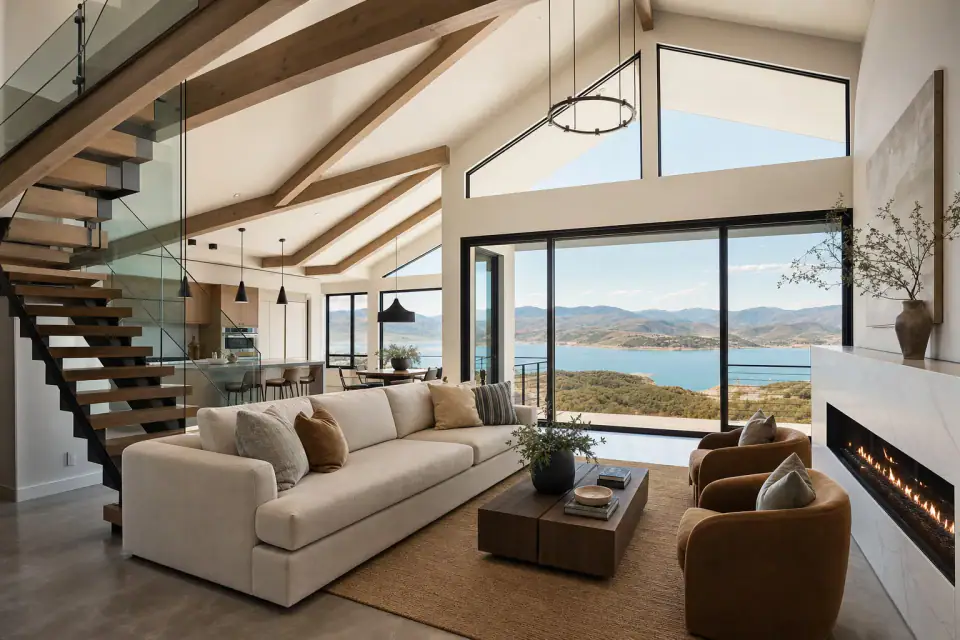 Finished luxury great room with mountain views