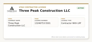 Utah Contractor License — Three Peak Construction LLC, License #13246753-5501, Active