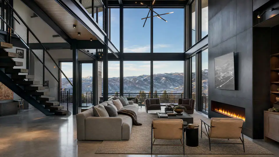 Finished luxury great room with mountain views