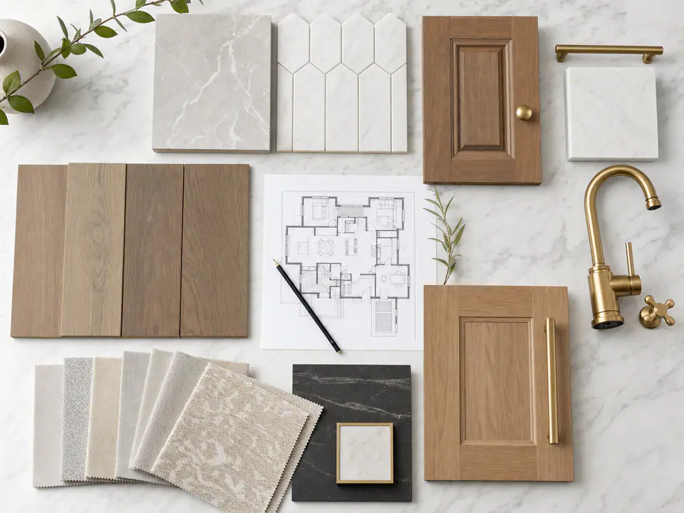 Designer laying out material samples and selections on a table