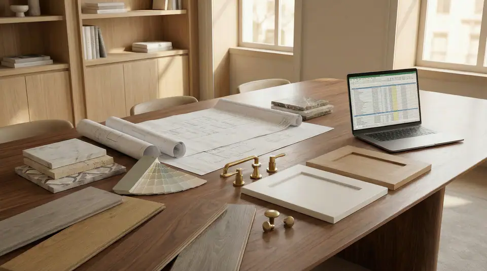 Design table with architectural plans and material samples