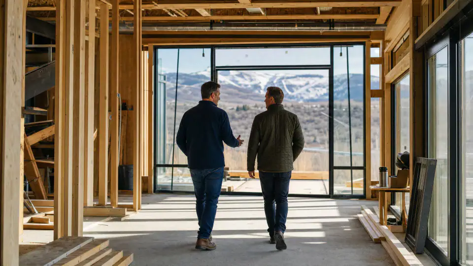 Contractor and homeowner walking through a luxury home under construction in Park City