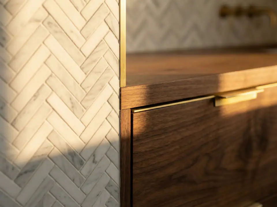 Close-up of premium tile and trim work in a high-end remodel