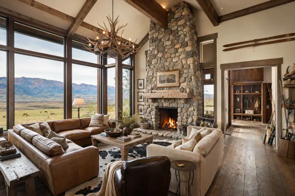 Finished luxury great room with mountain views